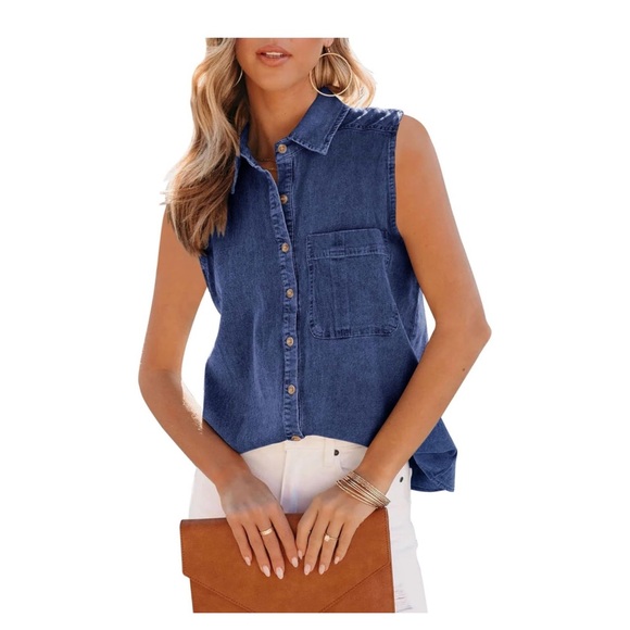 Guess Denim Women’s Sleeveless Dark Blue Button Up Shirt Size XL NWT - Picture 1 of 9